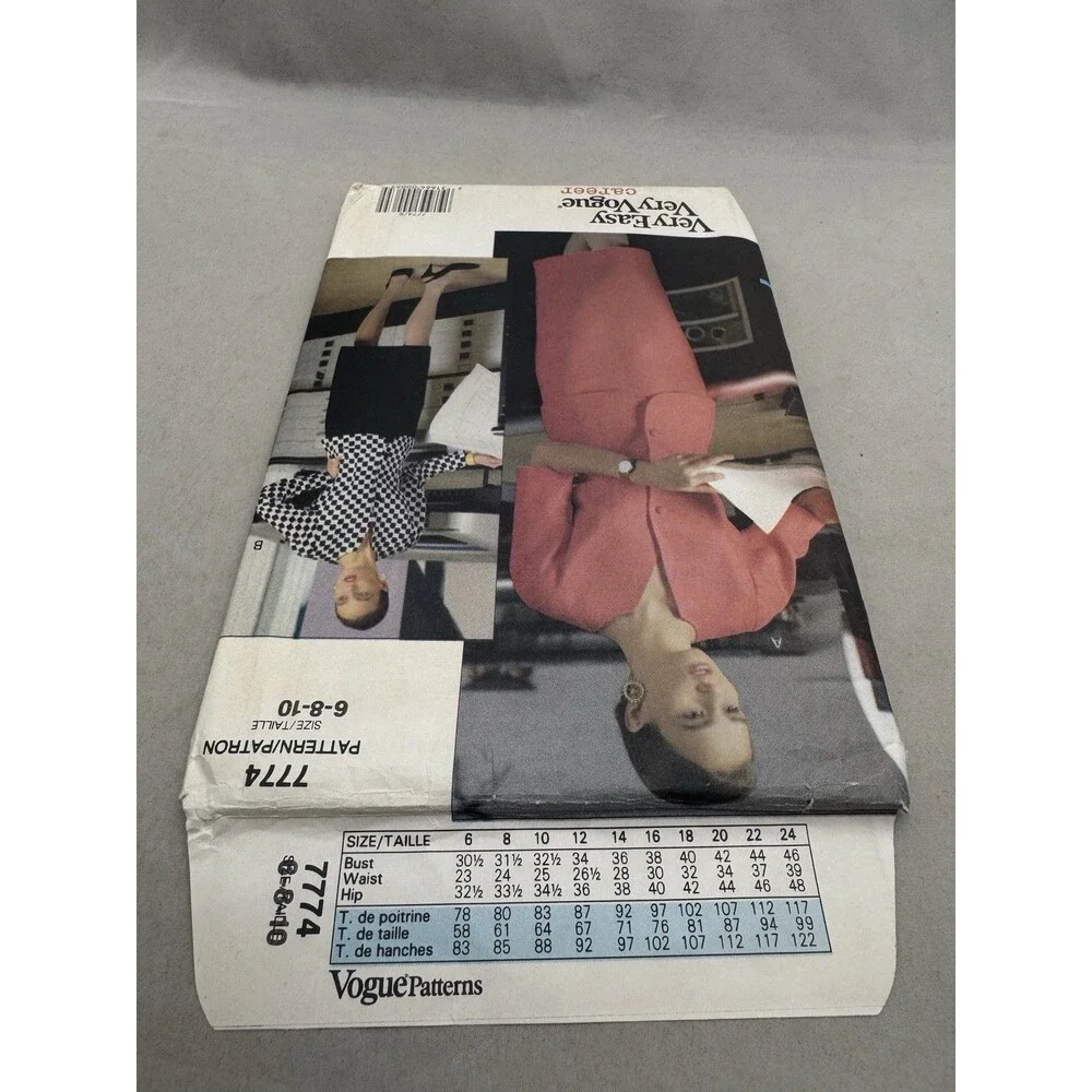 Vogue 7774 Sewing Pattern Crafts Sizes 6 8 10 Very Easy Career Top Skirt 1990